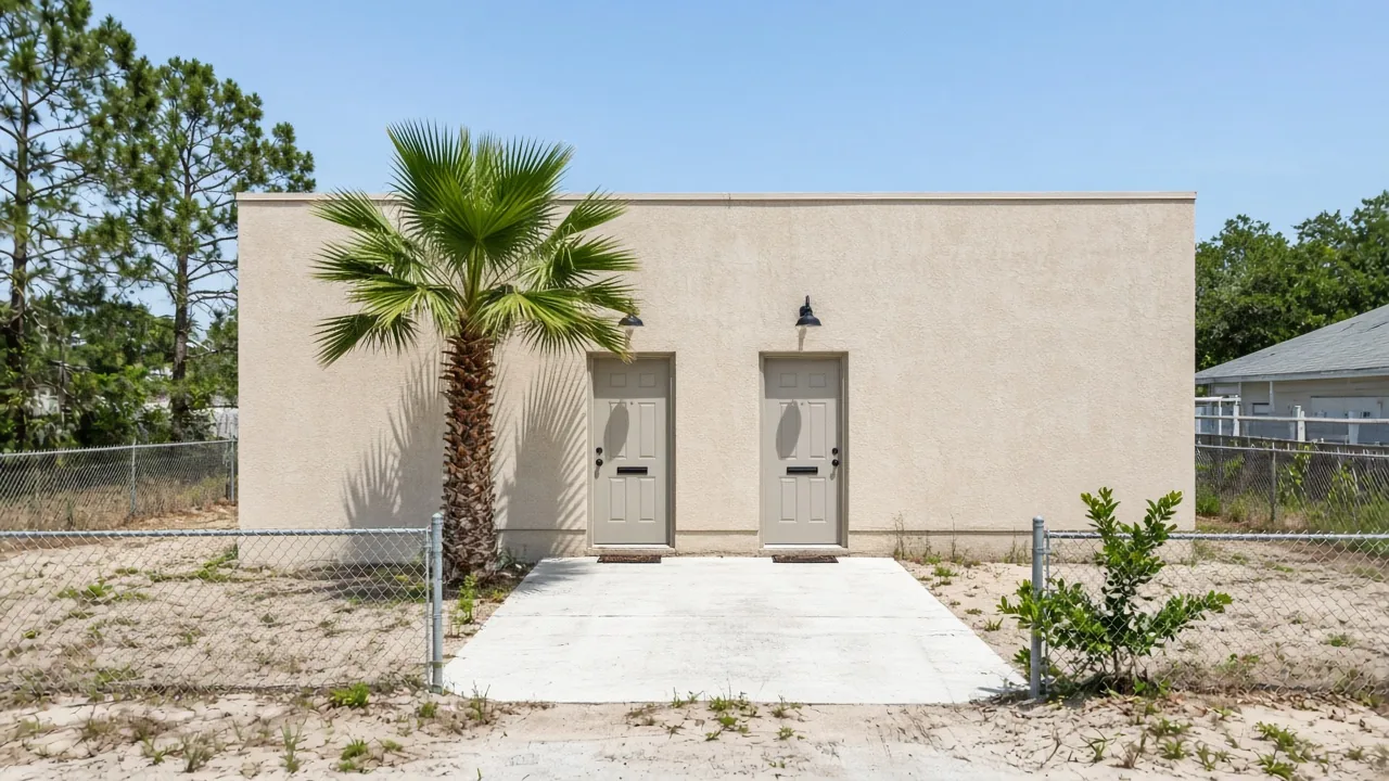 Representational midday photograph of a small Florida duplex with two plain doors, a sabal palm, and a concrete parking pad — not a listed property