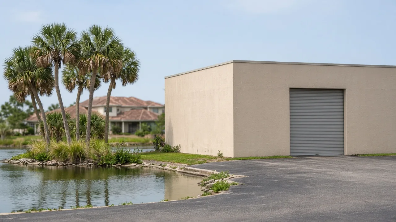 Representational late-morning photograph of a small Florida flex building beside a retention pond, with a distant tile-roof house — not a listed property