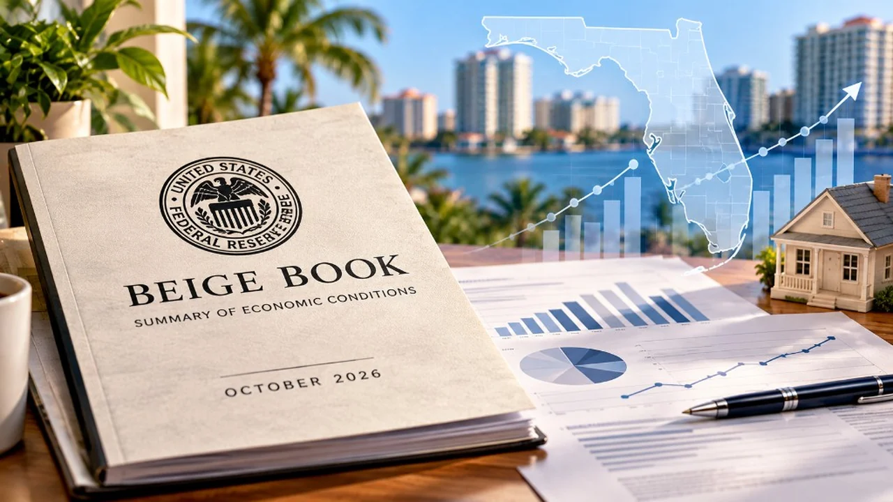 A book titled Beige Book, Summary of Economic Conditions, October 2026, on a desk with charts, an outline of Florida, and a small house model