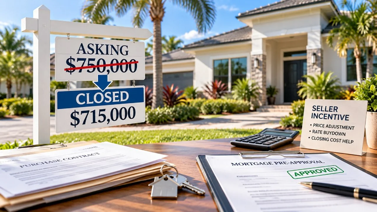 Illustration of a Florida house and a yard sign with the asking price struck through and a lower closed price, beside a seller-incentive card, a purchase contract, and an approved mortgage pre-approval