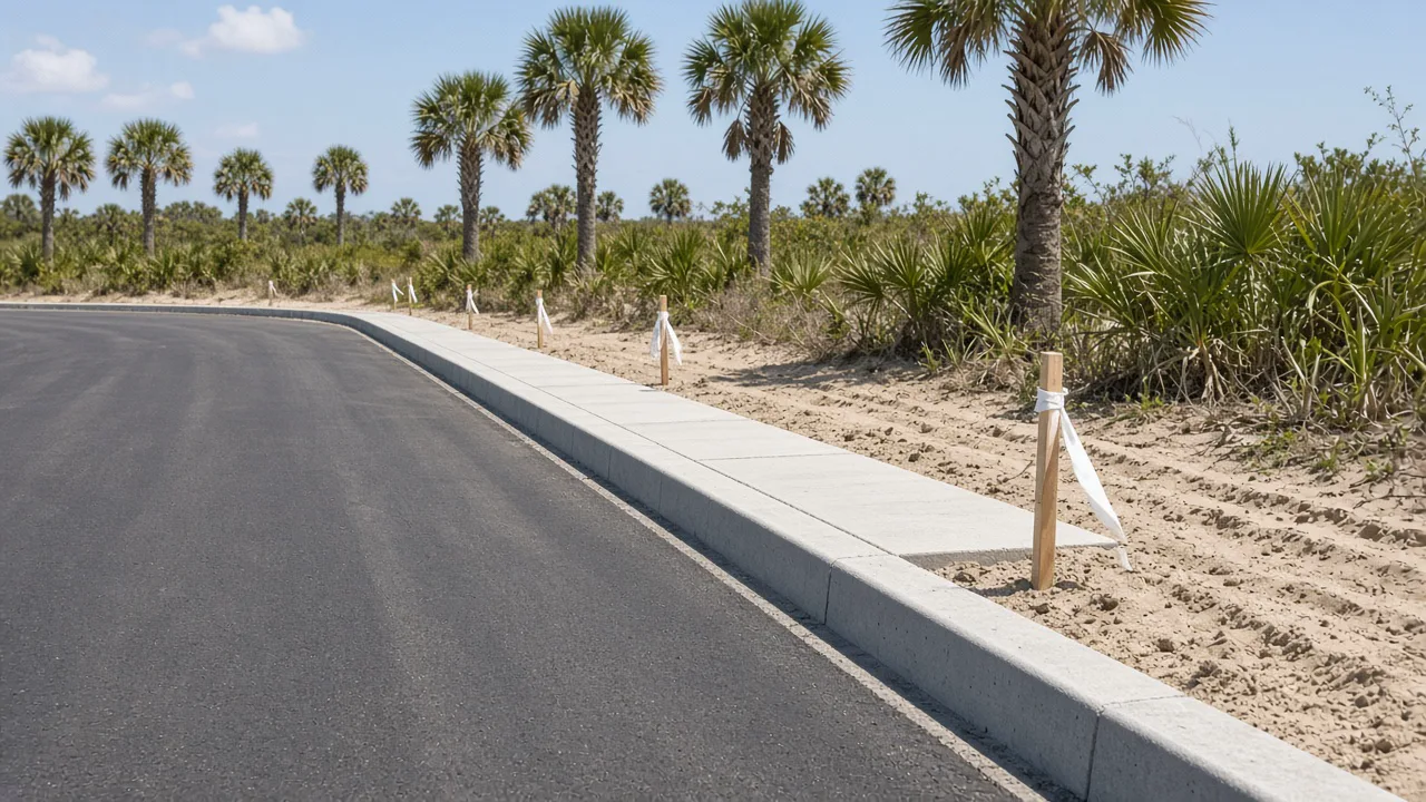 Representational late-morning photograph of a new concrete curb and an empty asphalt commercial apron with blank survey ribbons — not a listed property
