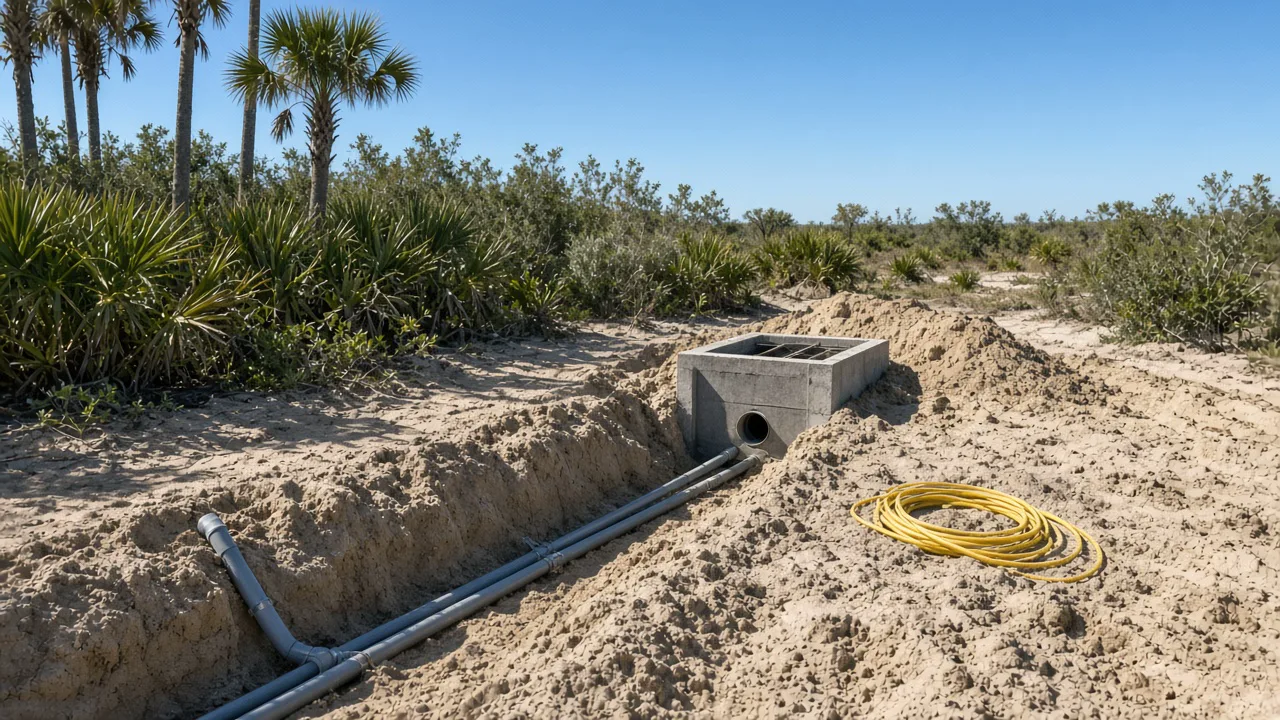 Representational mid-morning photograph of an open utility trench, gray conduit, and a precast concrete inlet on a sandy Florida commercial site — not a listed property