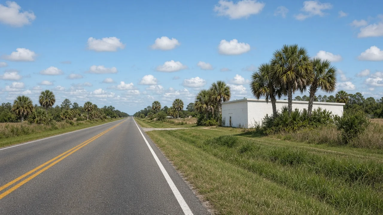 Representational mid-morning photograph of a two-lane Florida road, cabbage palms, and a low blank building set back from the shoulder — not a listed property