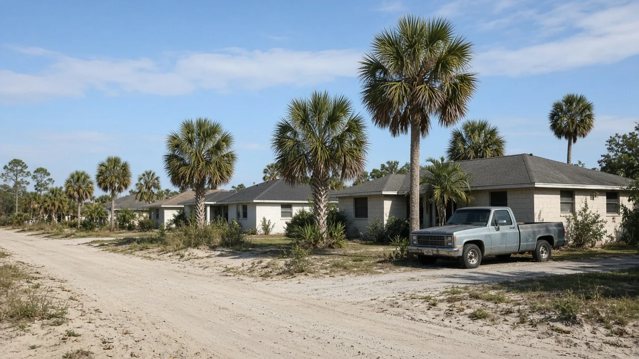 Representational late-morning photograph of single-story Florida houses, sabal palms, and a pickup in a driveway on a sandy street — not a listed property