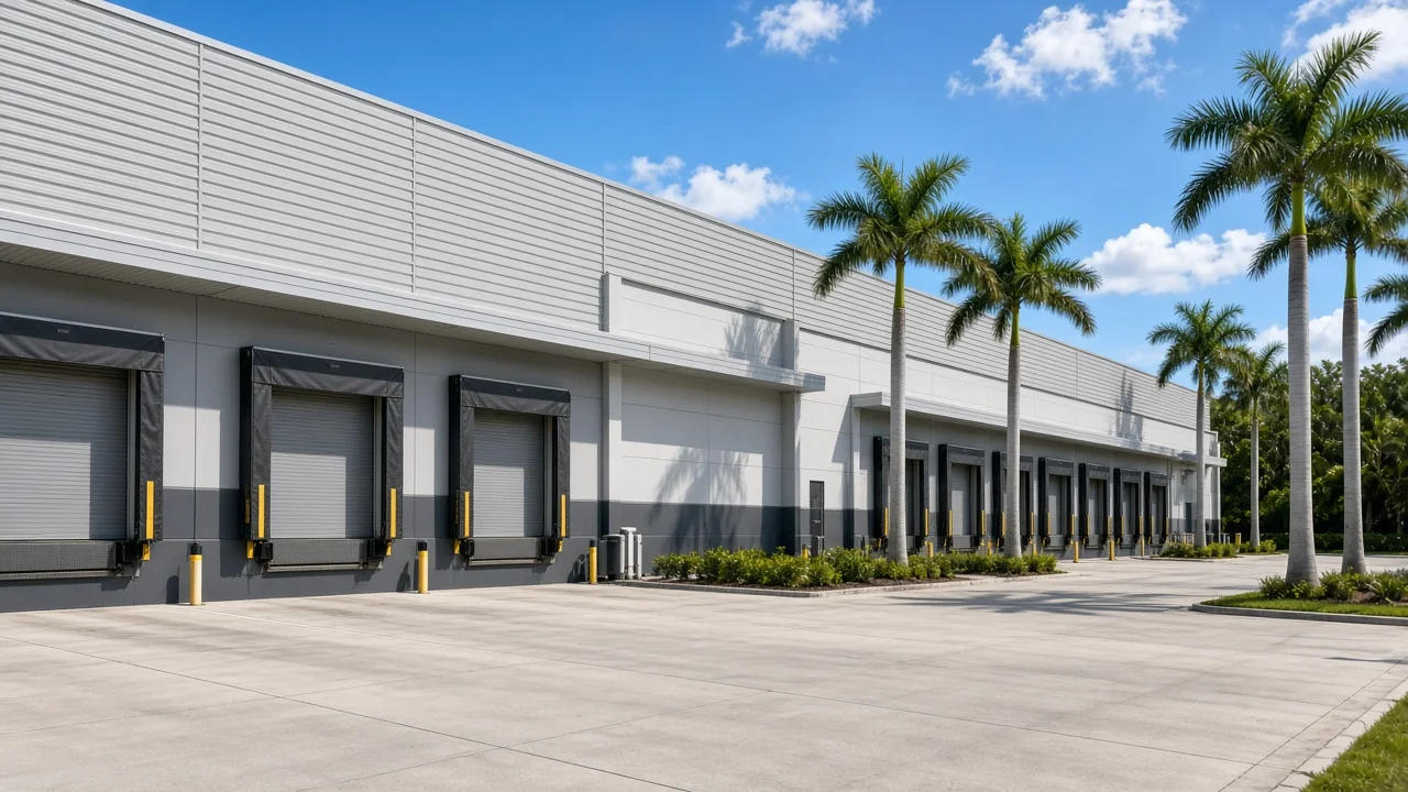 Representational photograph of a modern Florida industrial warehouse exterior with closed loading dock doors and palm trees