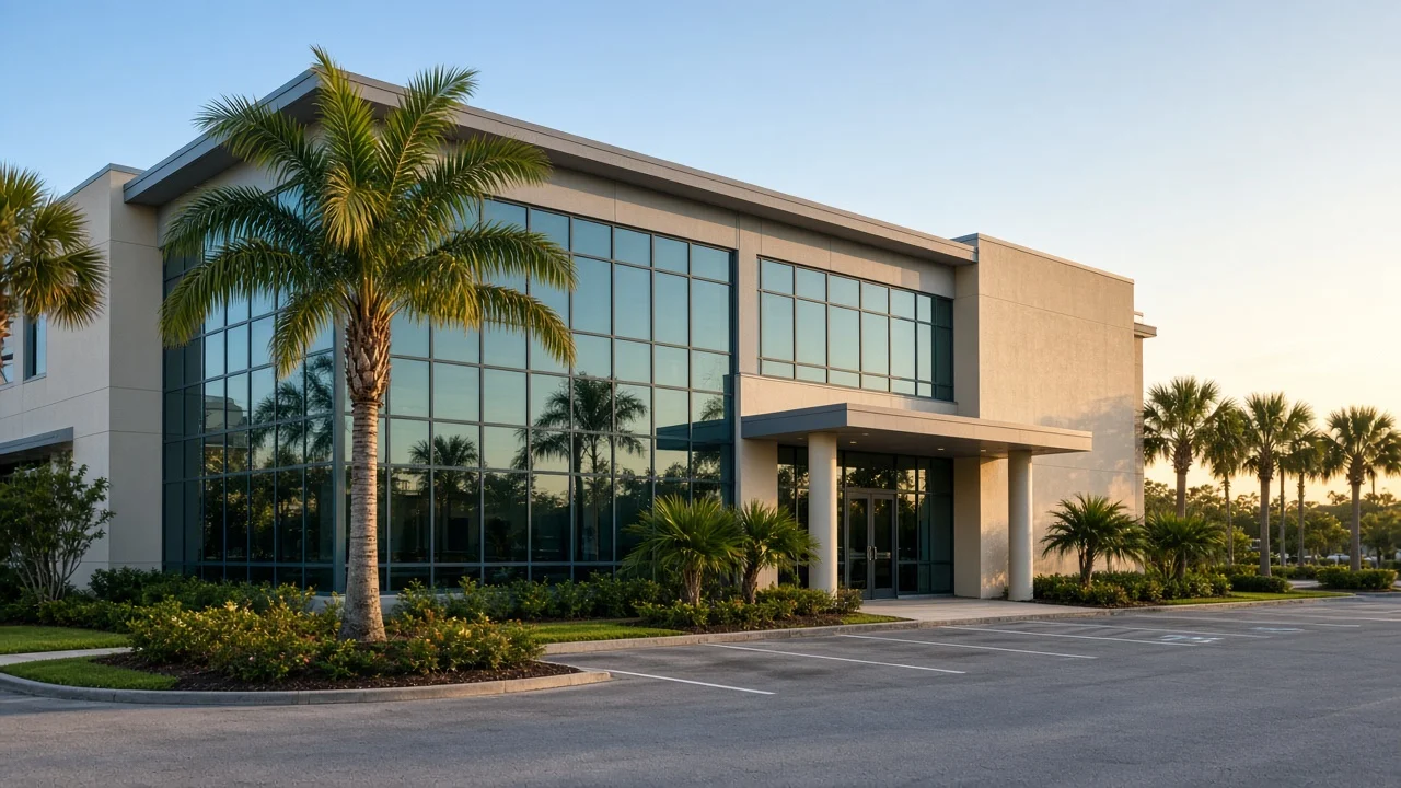 Representational photograph of a Florida professional office building with a glass facade and palm trees in late afternoon light