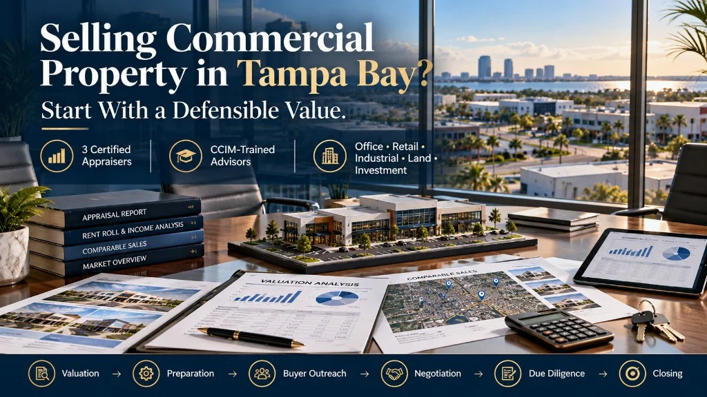 Selling commercial property in Tampa Bay — start with a defensible value. Three certified appraisers and CCIM-trained advisors.