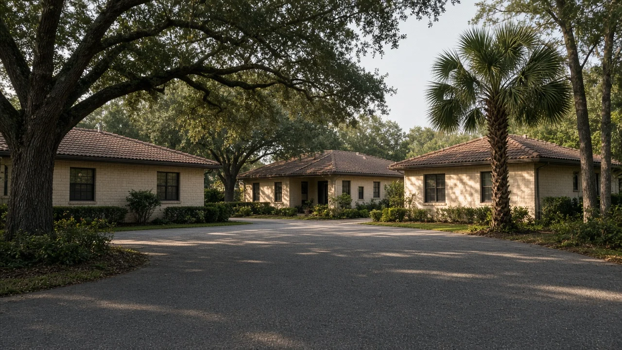 Representational early-morning photograph of single-story Florida houses on a quiet court