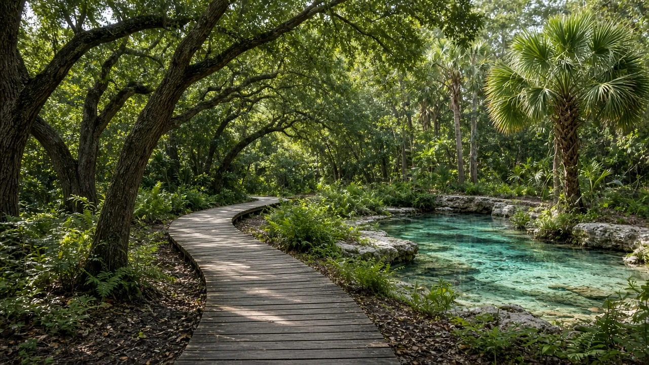 Representational photograph of a wooden boardwalk toward a small Florida spring
