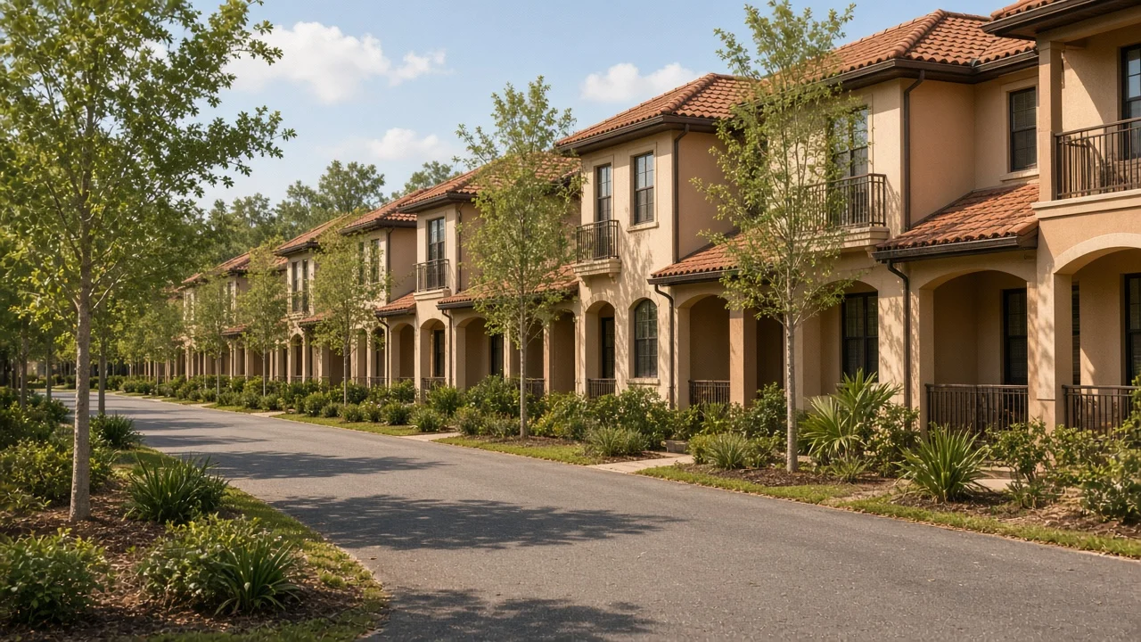 Representational photograph of two-story attached Florida townhomes on an empty drive