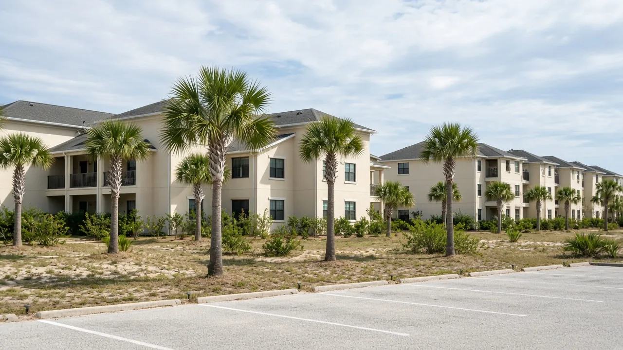 Representational late-morning photograph of cream stucco multifamily garden apartments with young palms and empty visitor parking — not a listed Homosassa address