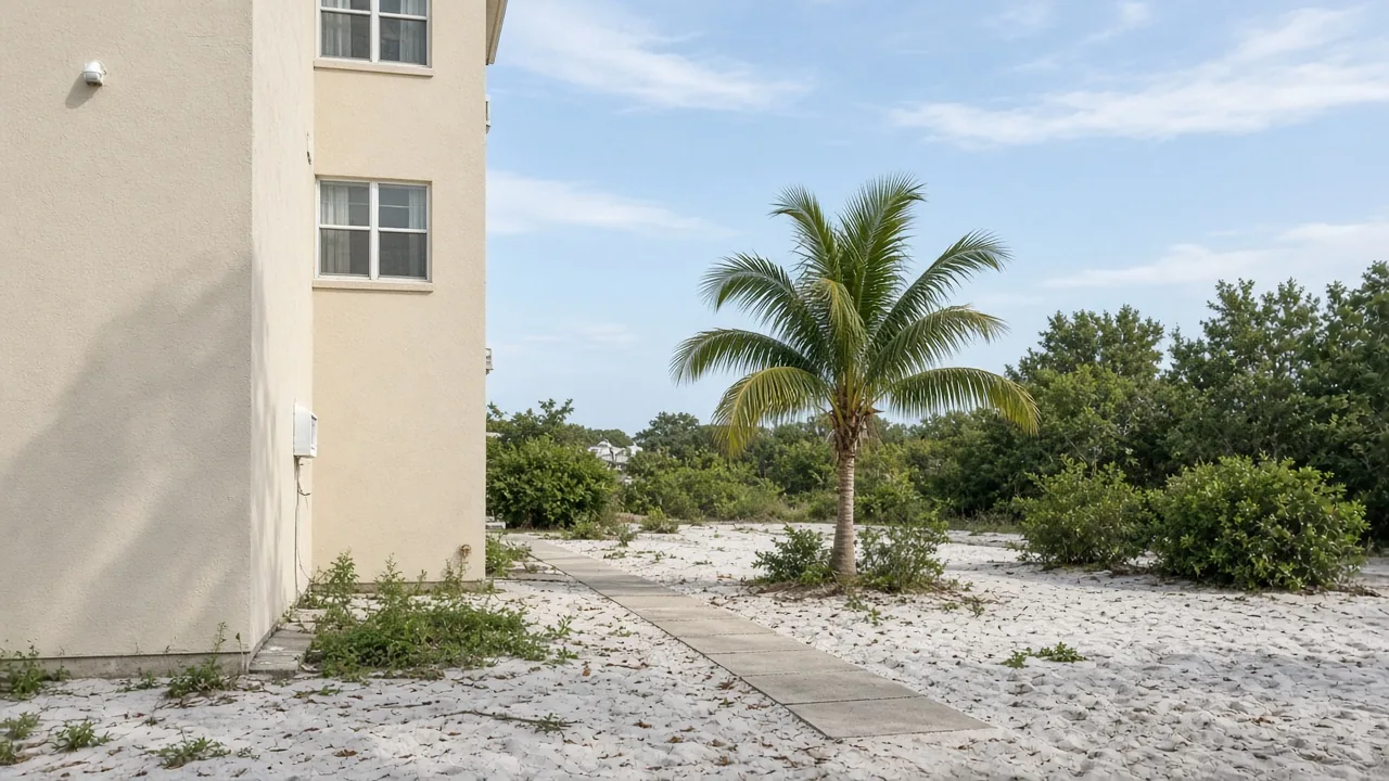 Representational midday photograph of a cream stucco three-story residential building edge, young palm, and empty walk — not a listed property