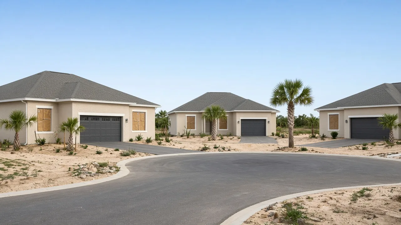 Representational late-morning photograph of new stucco houses on a sandy Florida cul-de-sac, garage doors closed and a few windows still papered — not a listed property