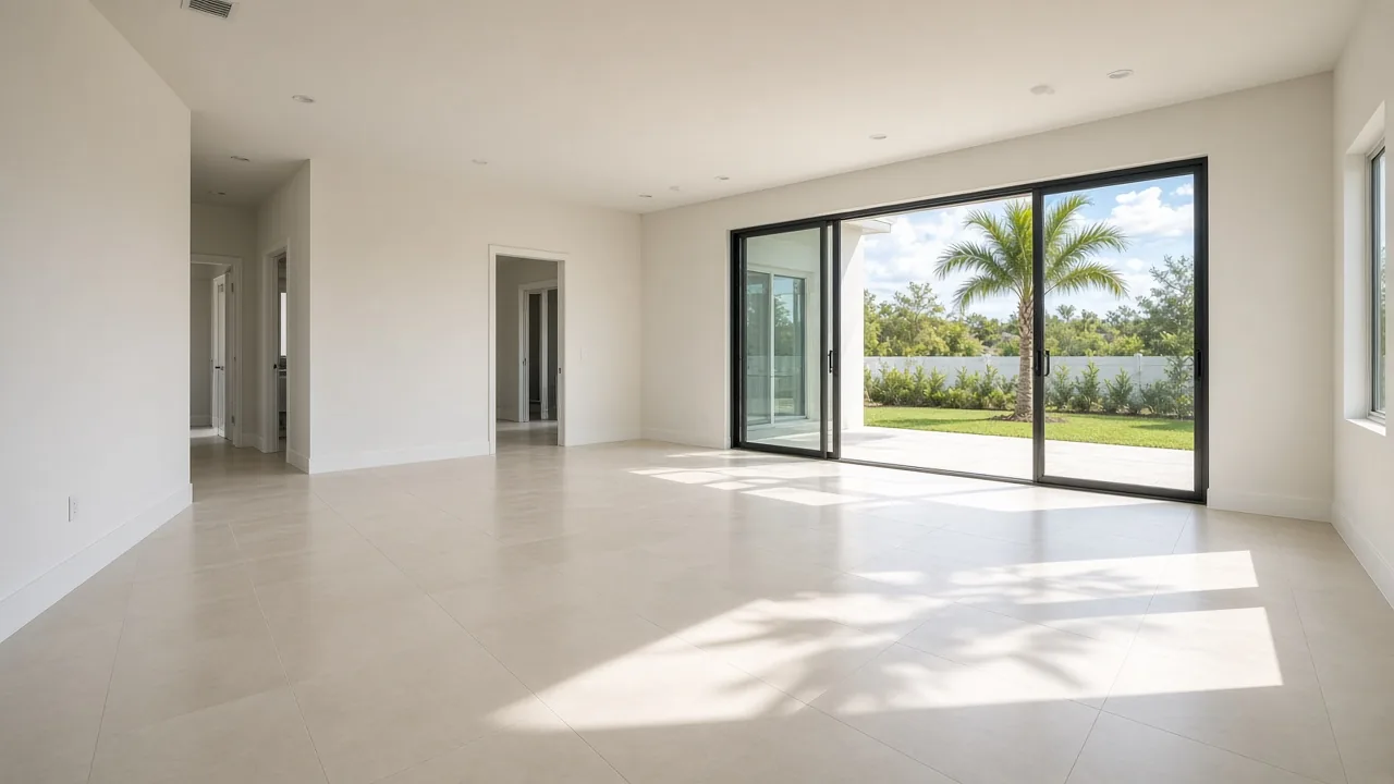 Representational photograph of an empty new-construction great room with a sliding door open to a palm and a bright yard — not a listed property