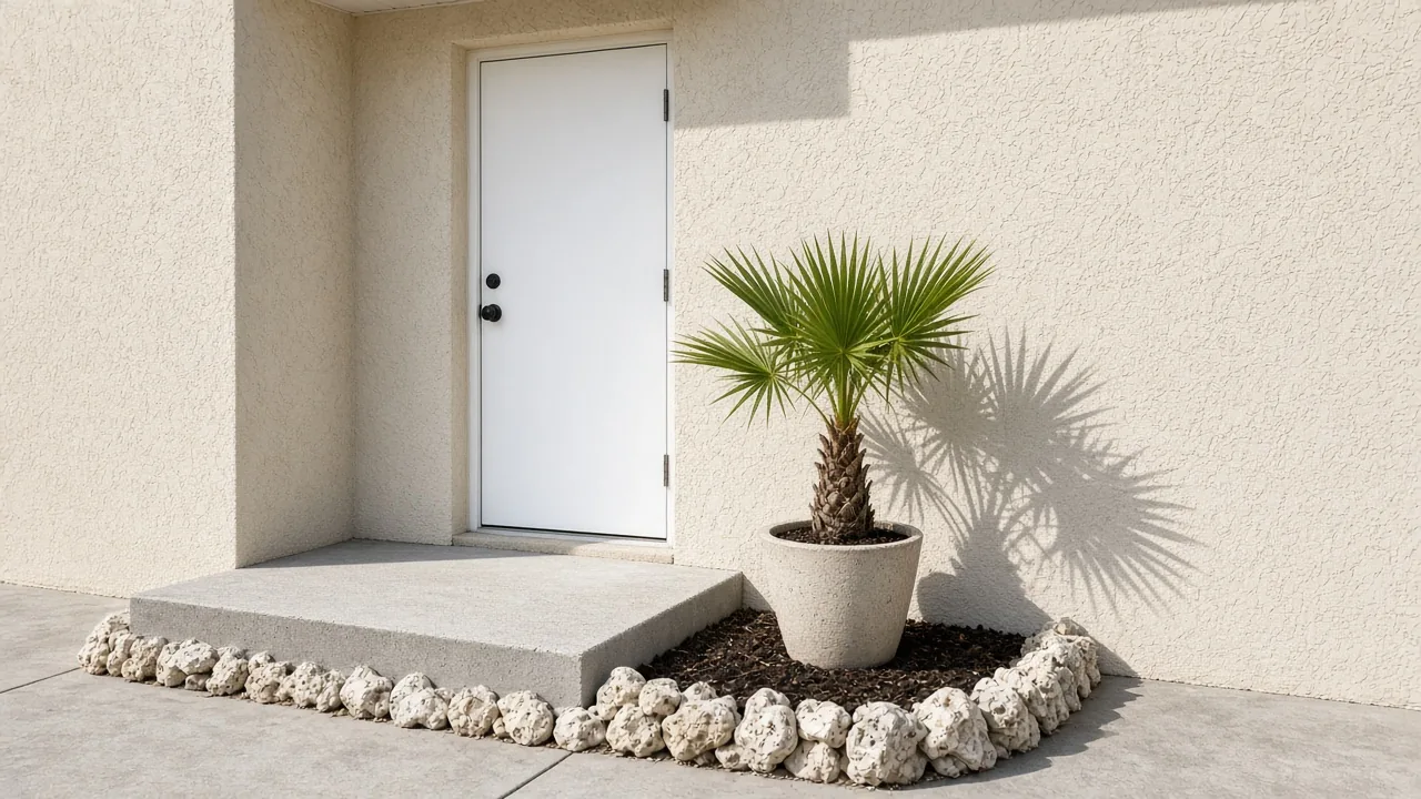 Representational midday photograph of a plain white door in cream stucco, a concrete stoop, and a young sabal palm — not a listed property