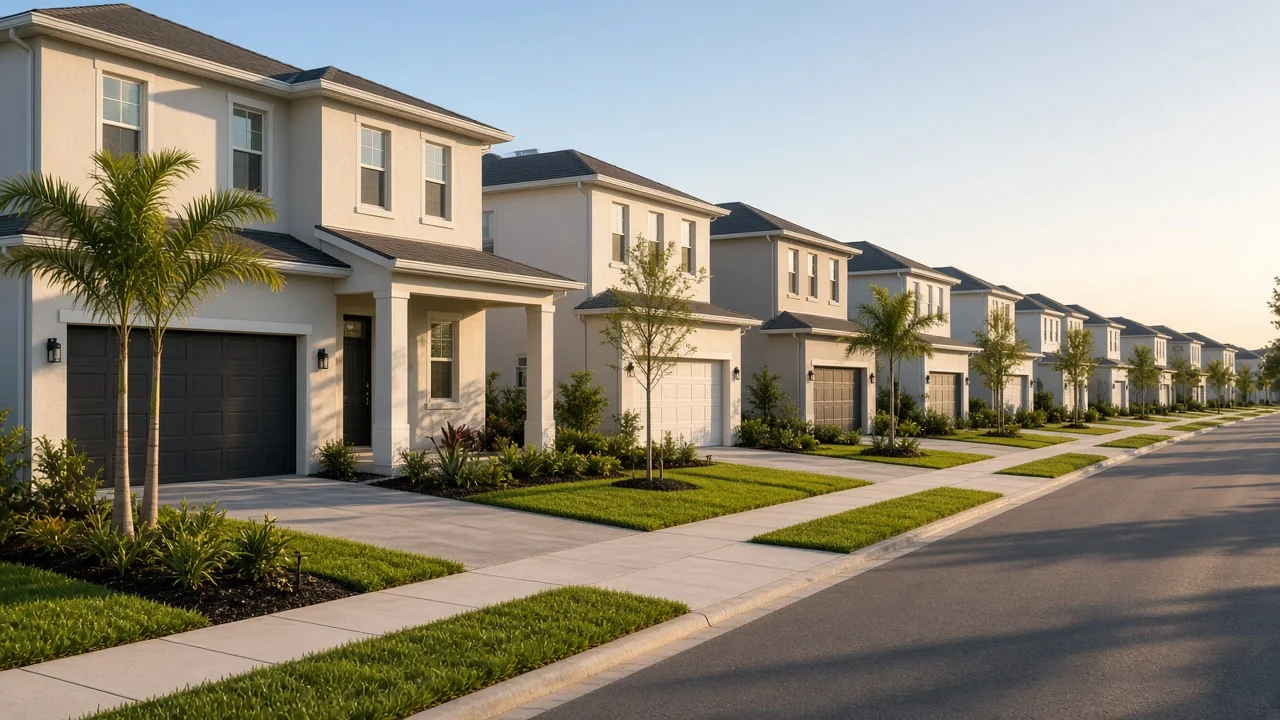 Representational late-afternoon photograph of a newly finished Florida suburban street with young palms — not a listed property