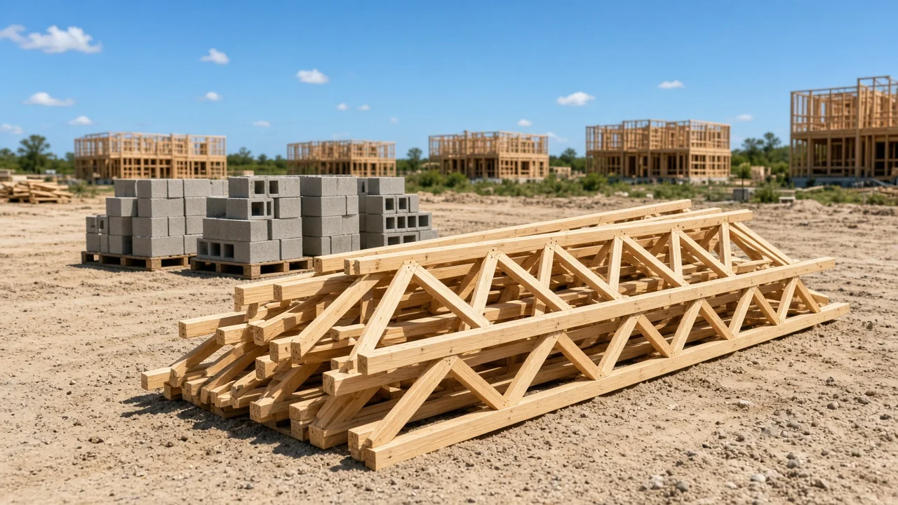 Representational late-morning photograph of unused roof trusses stacked on a sandy Florida lot — not a listed property