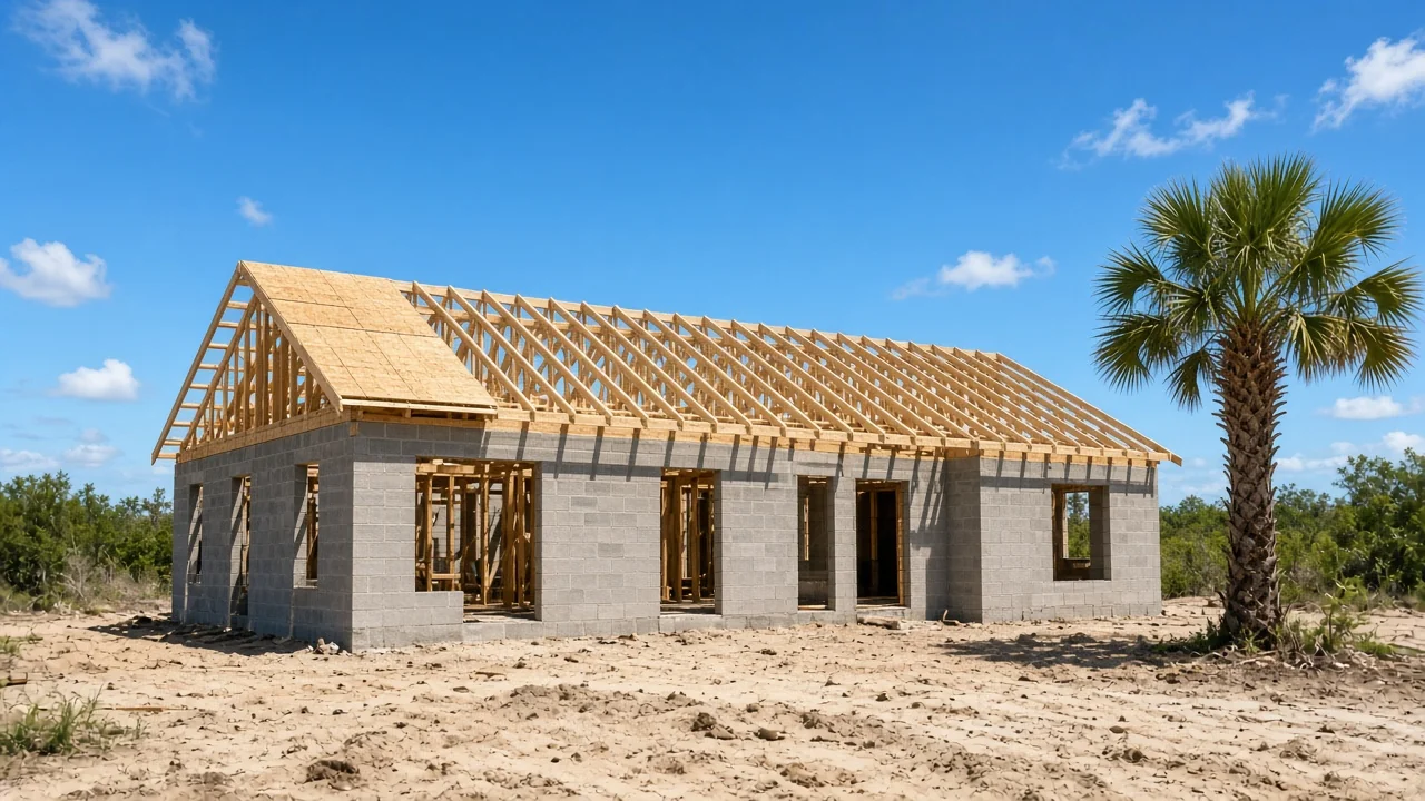 Representational midday photograph of a Florida block house with roof trusses exposed, partial plywood sheathing, and a sabal palm — not a listed property