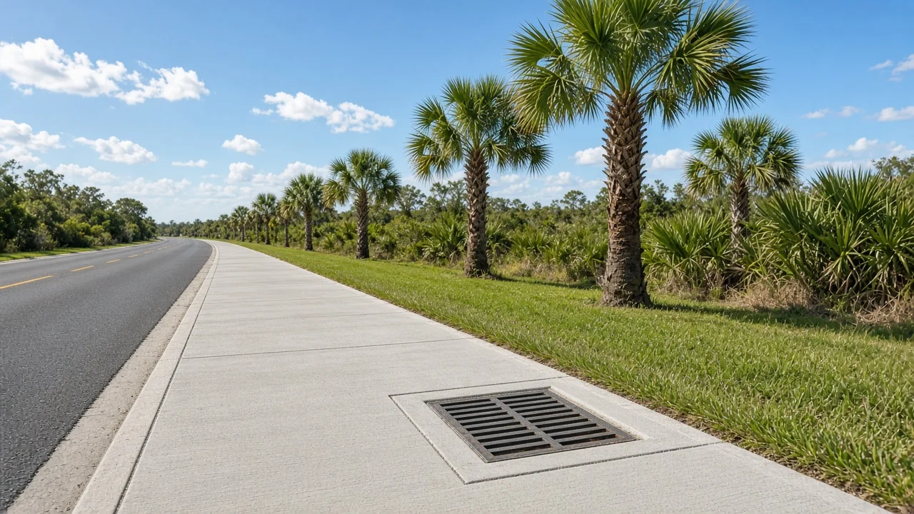 Representational late-morning photograph of a new concrete sidewalk and a storm-drain inlet beside a two-lane Florida road lined with sabal palms — not a listed property