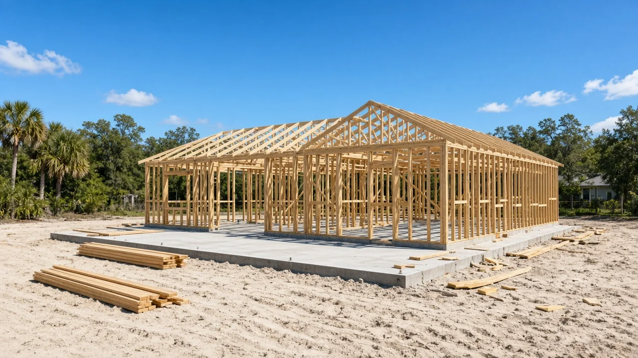 Representational late-morning photograph of unfinished wood house frames on a concrete slab under a bright sky