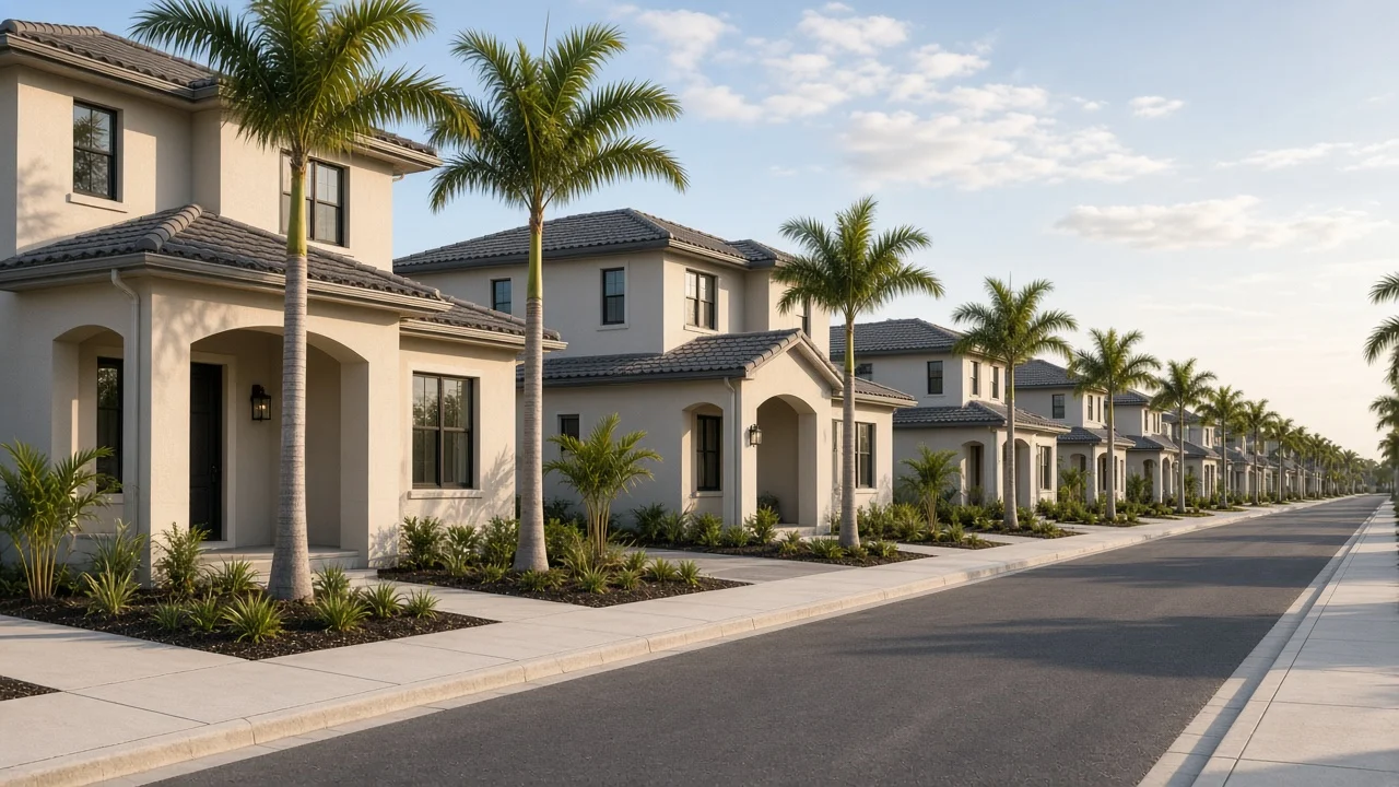 Representational photograph of a newly finished Florida suburban street with young palm trees