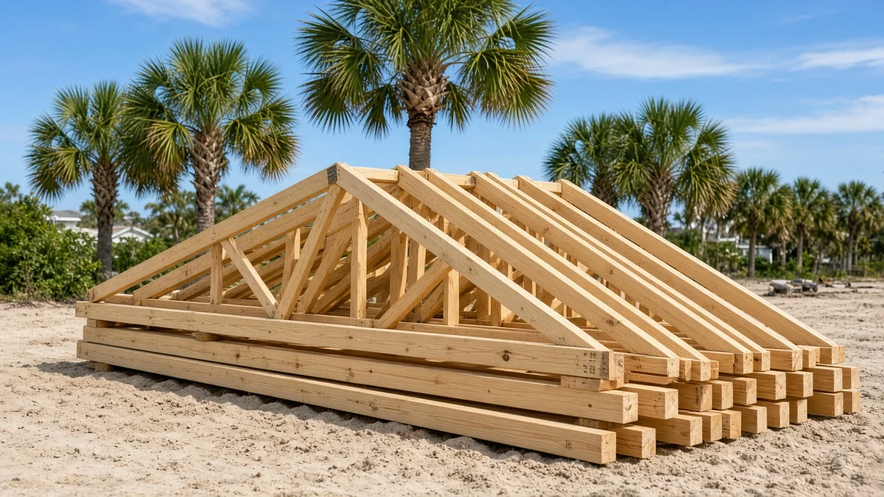 Representational photograph of unused wooden roof trusses stacked on a sandy Florida lot
