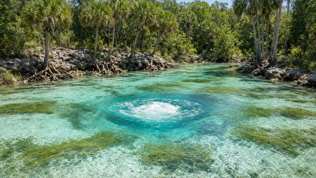 Representational midday photograph of a Nature Coast spring boil with turquoise limestone water and cypress — not a listed property