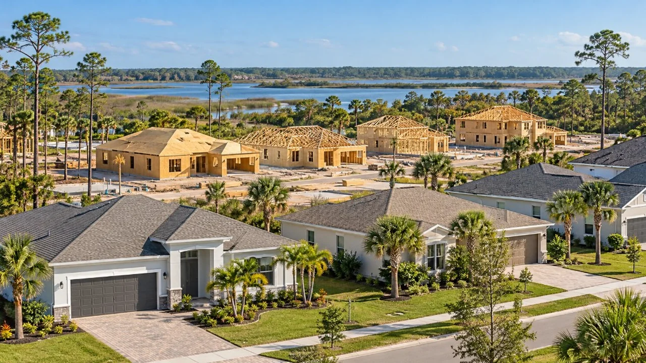 Finished single-story houses beside homes still in wood framing, with water and pines beyond.