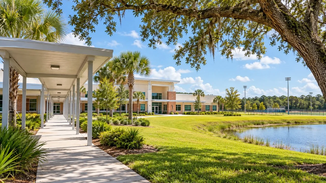 A modern two-story school campus with a covered walkway, lawn, and pond.