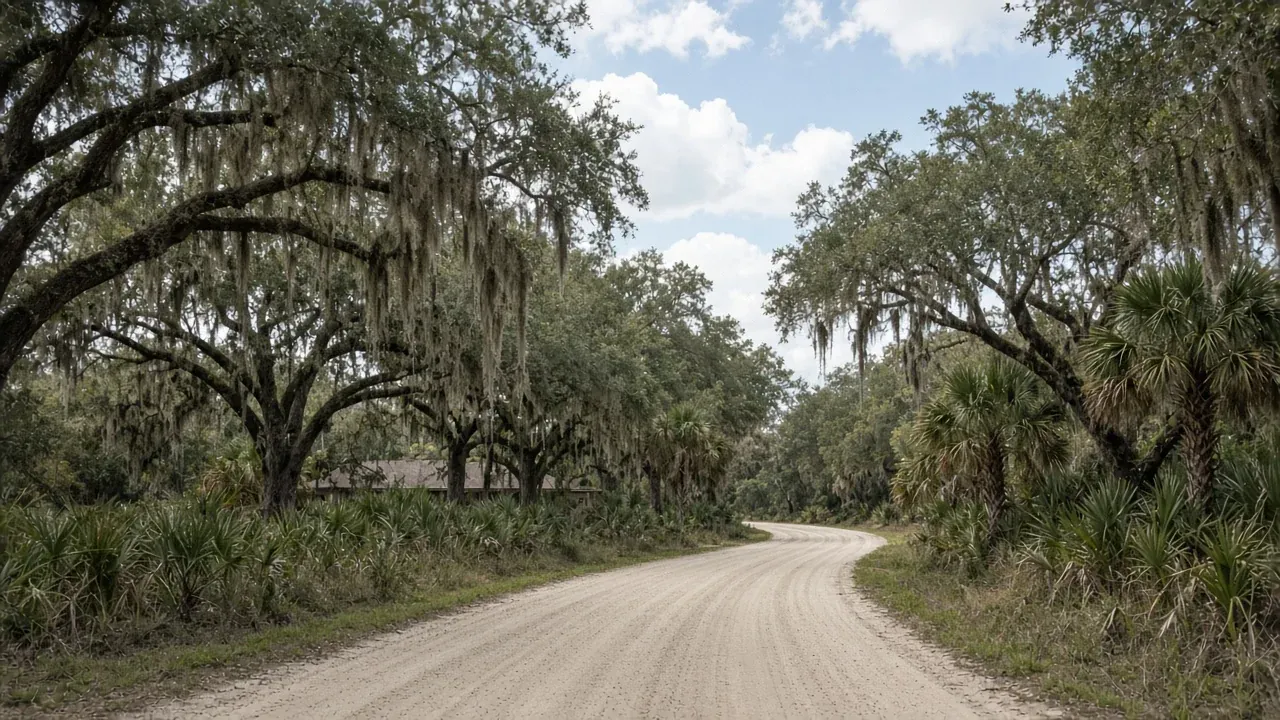 Representational late-morning photograph of an unincorporated Nature Coast oak hammock along a sandy county road — not a listed property