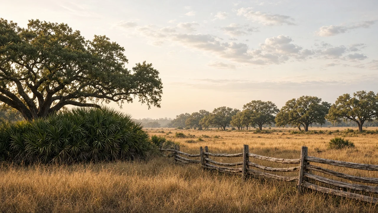 Representational late-afternoon photograph of unincorporated inland Florida pasture and live oaks — not a listed property