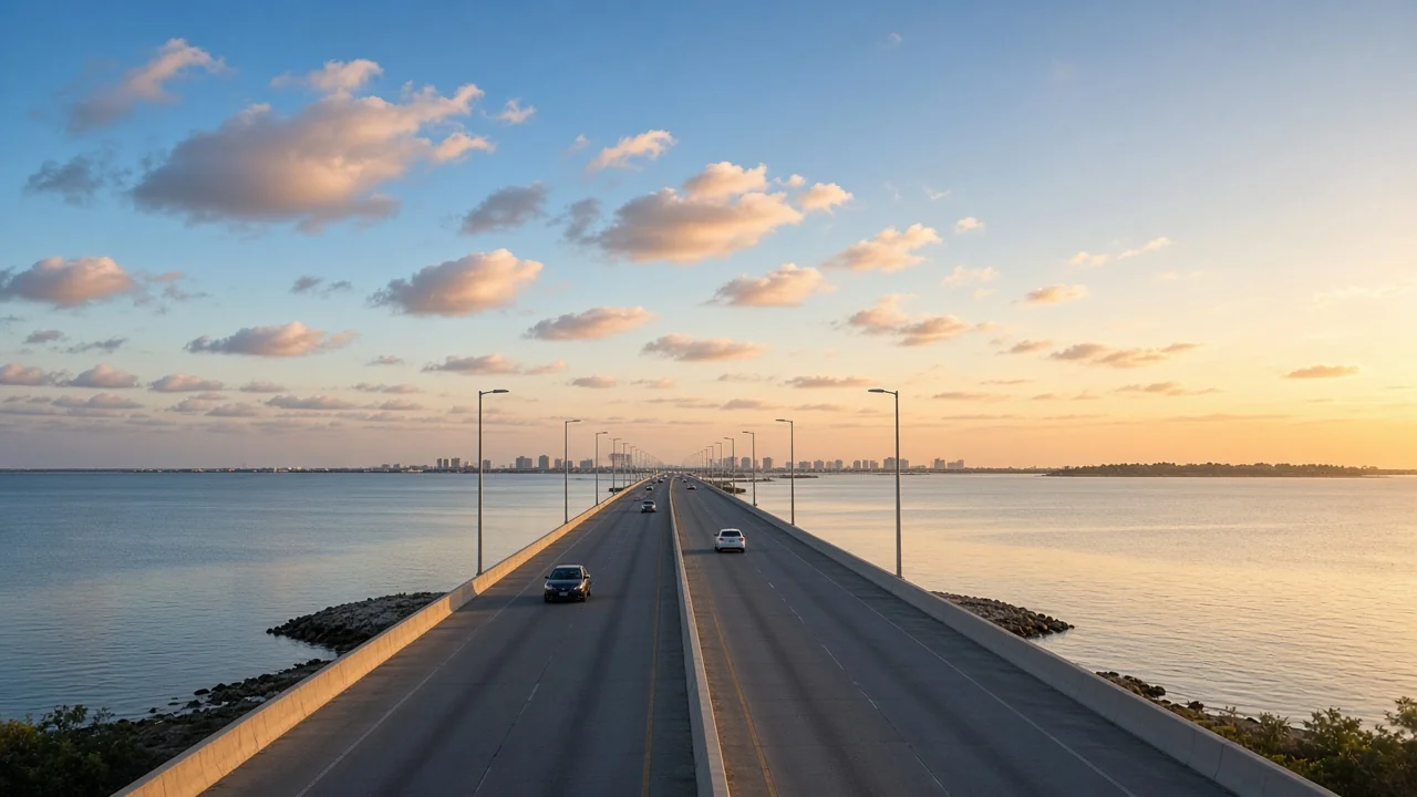 Representational mid-morning photograph of a low Florida causeway bridge over calm water, with sabal palms on the near shore
