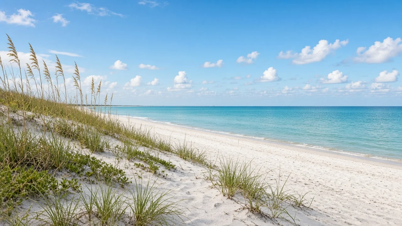 Representational photograph of sea oats on a low Gulf dune and a wide sandy beach with no people