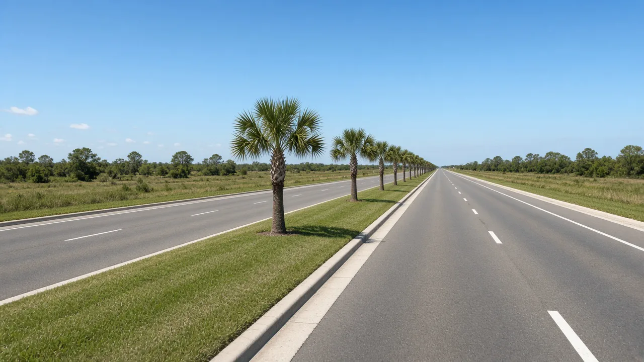 Representational midday photograph of a divided four-lane Florida arterial with a palm median — not a listed property