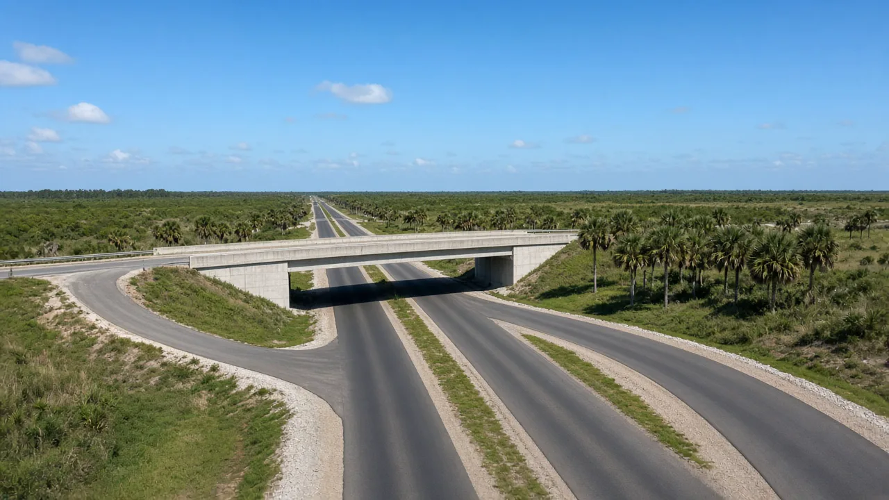 Representational midday photograph of a concrete highway overpass and empty interchange ramps through Florida flatwoods — not a listed property