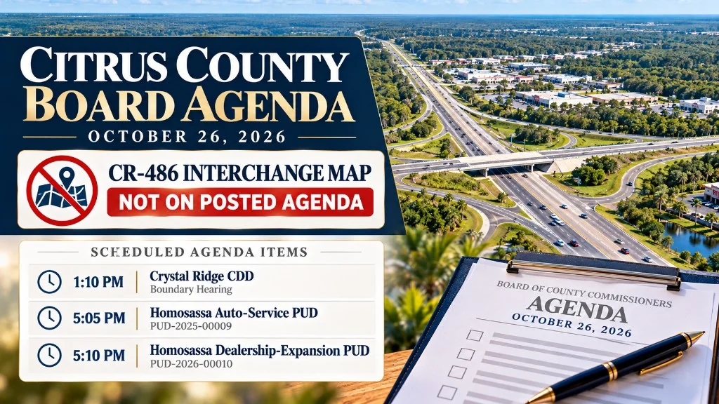 Citrus County Board Agenda October 26 2026: Crystal Ridge CDD and Homosassa PUDs scheduled; CR-486 Interchange Map not on posted agenda.