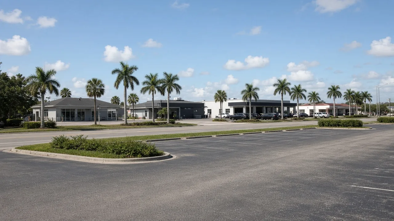 Representational midday photograph of a Florida commercial boulevard with low auto-service buildings and palm trees — not a listed Homosassa address
