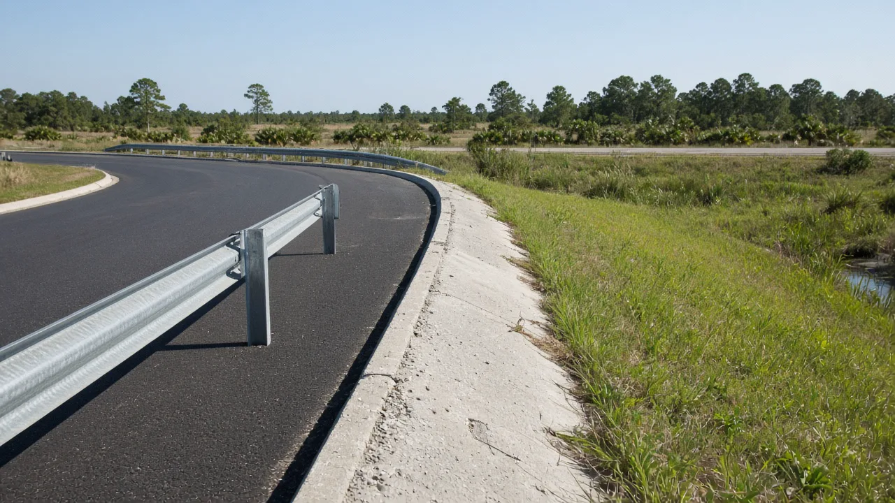 Representational late-morning photograph of a highway ramp gore, guardrail, and grass shoulder — not a listed property