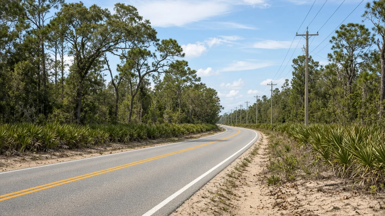 Representational mid-morning photograph of a two-lane inland Florida county road through sand pine and palmetto — not a listed property