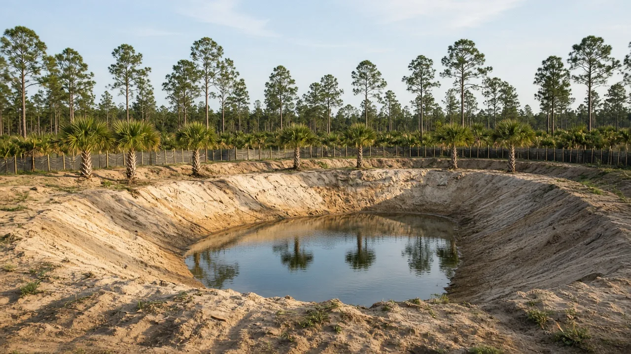 Representational late-afternoon photograph of an excavated Florida stormwater basin with sandy banks and young sabal palms — not a listed property