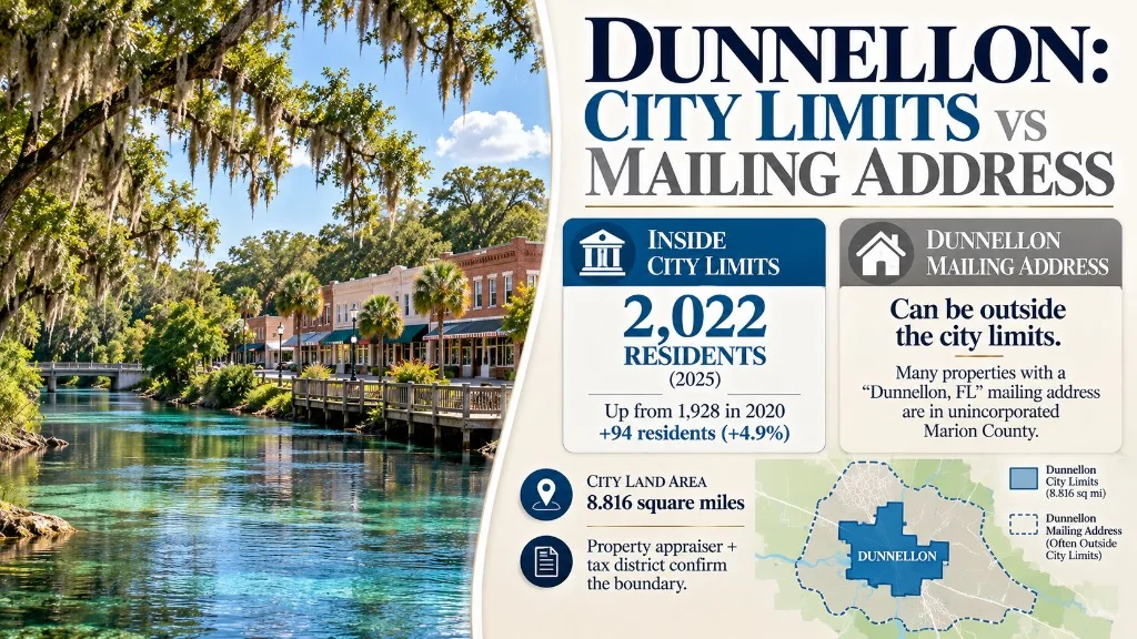 Dunnellon city limits vs mailing address: 2,022 residents inside city limits in 2025.