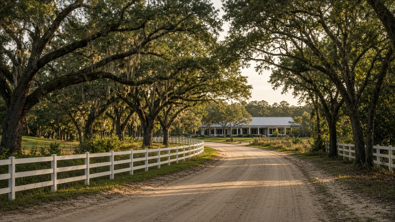Representational late-afternoon photograph of a sandy Florida oak lane, a white rail fence, and a distant low metal-roof building