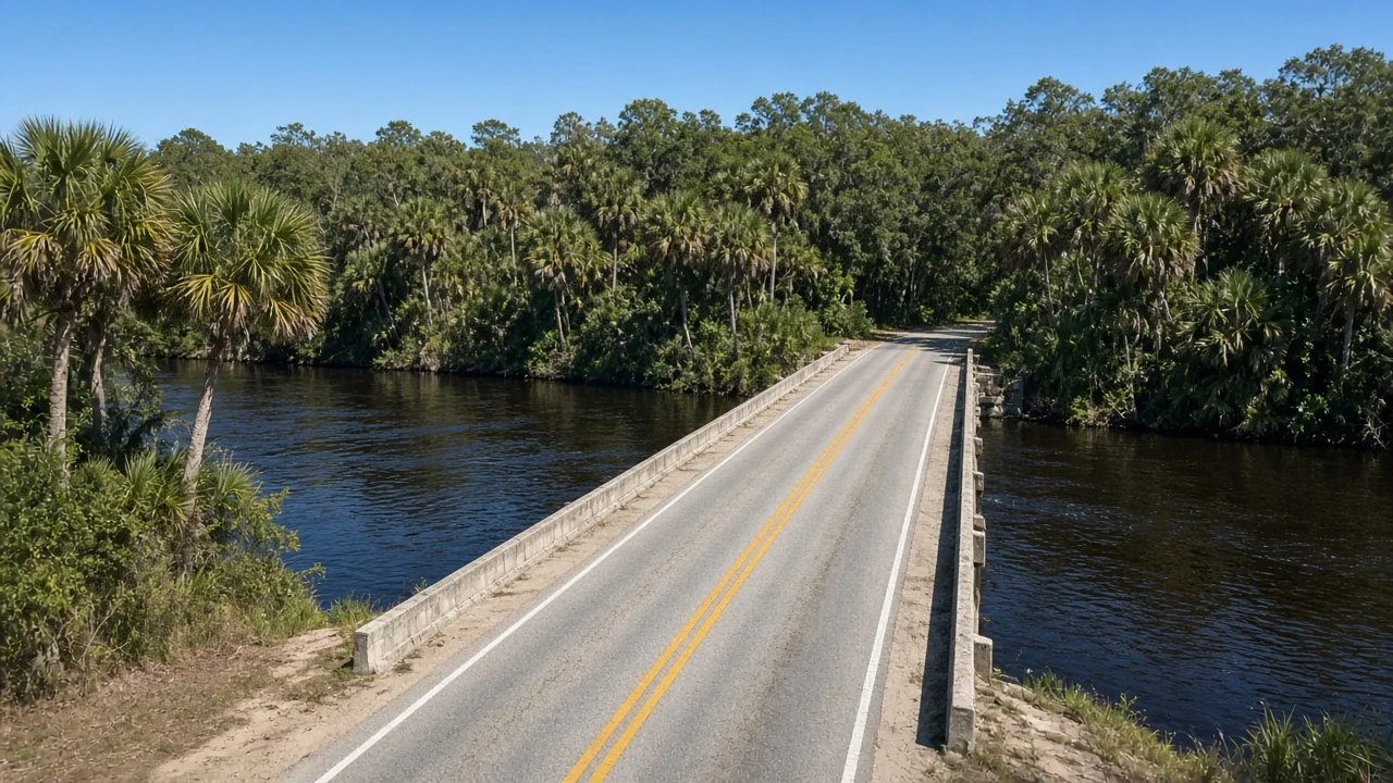 Representational midday photograph of a quiet two-lane bridge over a wide Florida river with palms and hardwood hammock on both banks