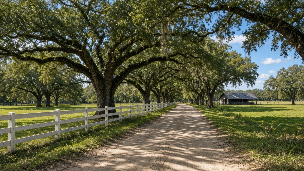 Representational mid-morning photograph of a sandy farm lane under live oaks, a white board fence, and a distant metal-roof barn — not a listed property
