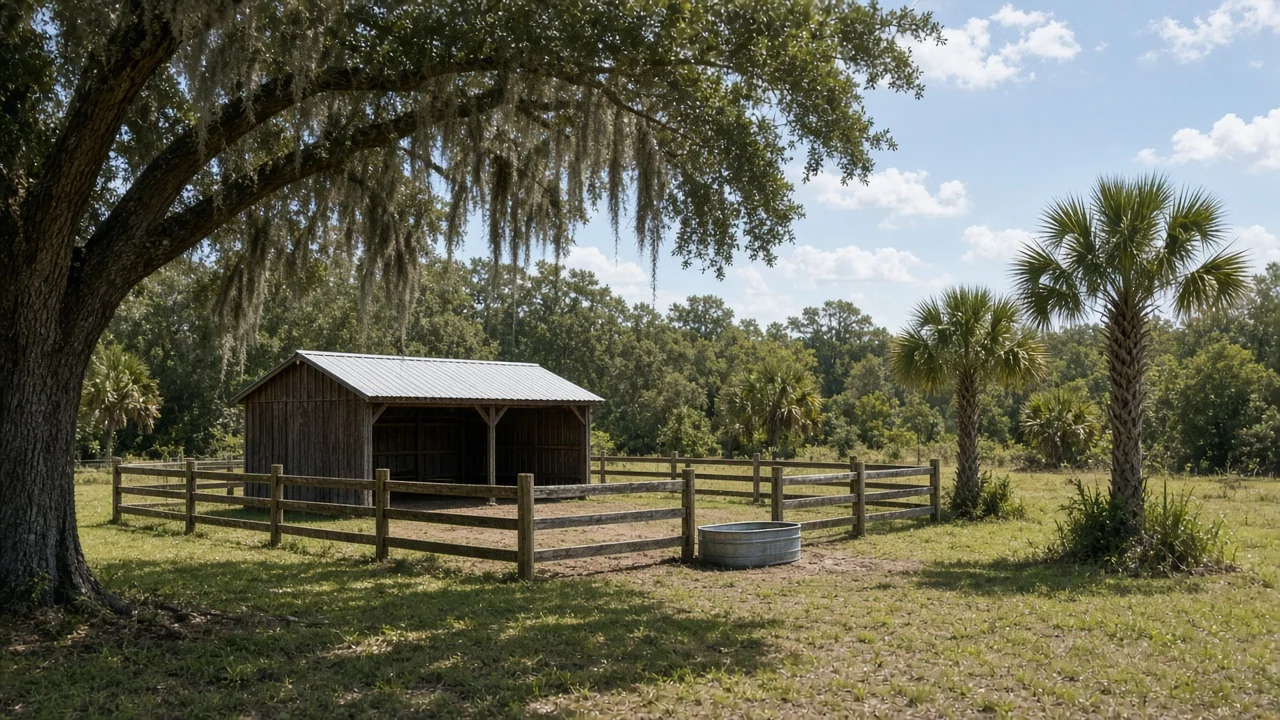 Representational midday photograph of a wooden run-in shed, a three-rail fence, a water trough, and sabal palms on a small Florida acreage — not a listed property
