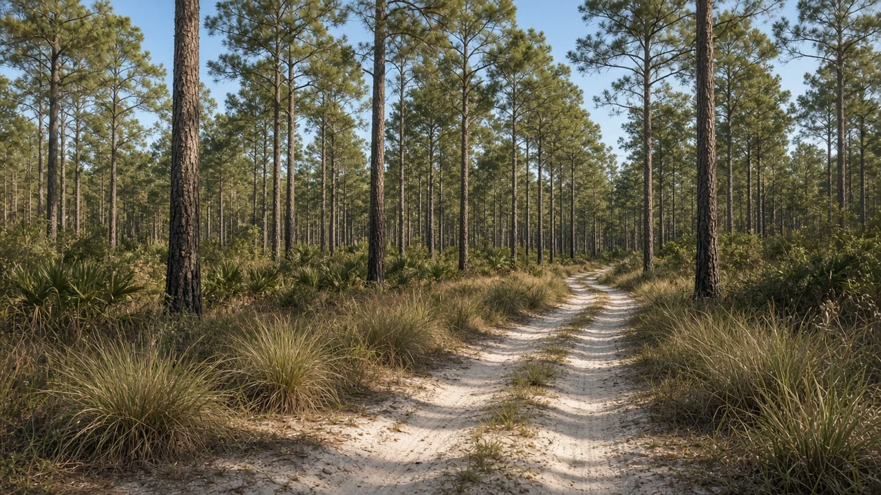 Representational late-morning photograph of a sandy trail through longleaf pine, wiregrass, and palmetto — not a listed property