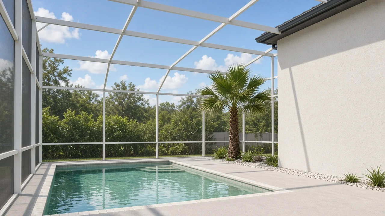 Representational late-morning photograph of a screened Florida pool cage, a still pool, and a sabal palm beside a stucco wall — not a listed property