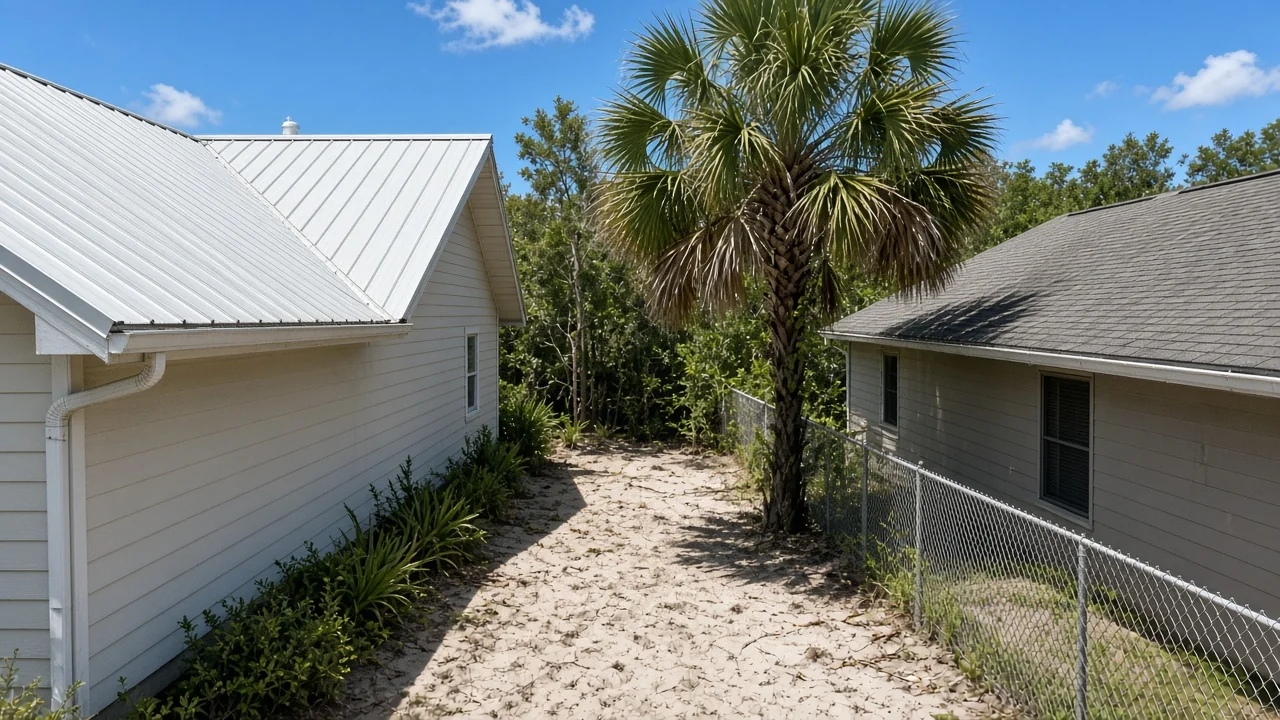 Representational midday photograph of a light metal roof and a gray shingle roof facing each other across a sandy Florida side yard — not a listed property