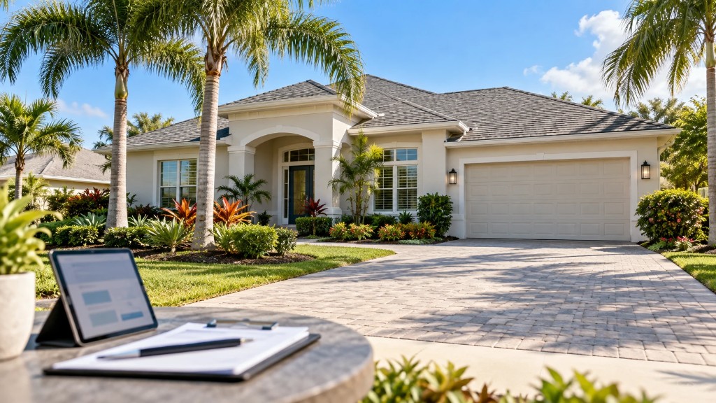 Modern Florida home with appraisal documents and a tablet on a table in the foreground, representing real estate valuation.