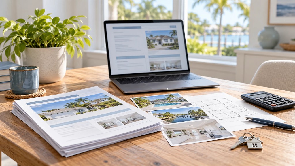 Desk with an open laptop showing a Florida home listing, printed appraisal pages, property photos, a calculator, and keys beside a coastal window.
